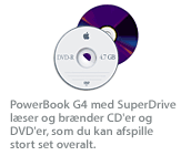 PowerBook G4 med SuperDrive l&aelig;ser og br&aelig;nder CD'er og DVD'er, som du kan afspille stort set overalt.