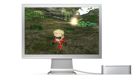 Apple Cinema-skærm og Mac mini afspiller The Incredibles.