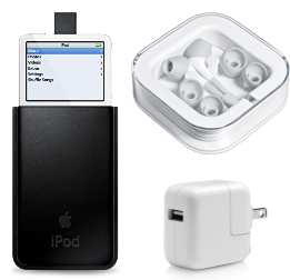 Læderetui, ørepropformede hovedtelefoner og USB-strømforsyning