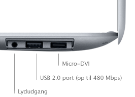 MacBook Airs tilslutningsmuligheder: Micro DVI, USB 2.0-port (op til 480 Mbps), lydudgang.