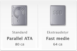 Standard: Parallel ATA - 80 GB, ekstraudstyr: Fast medie - 64 GB